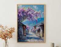 Nara Wisteria Street Poster, Purple Spring Floral Decor - Palette Knife Painting Style