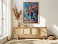 Penang Trishaw Art Print, Pink Bougainvillea Spring Decor - Living Room Decor