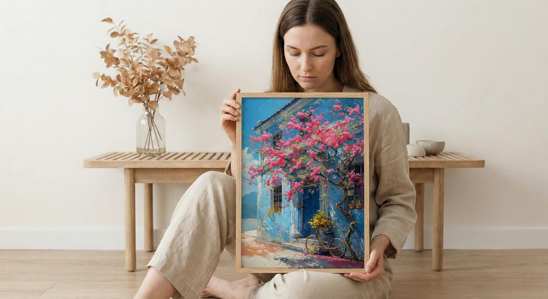 Penang Trishaw Art Print, Pink Bougainvillea Spring Decor - Living Room Decor