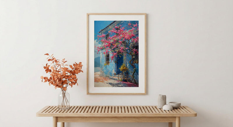 Penang Trishaw Art Print, Pink Bougainvillea Spring Decor - Living Room Decor