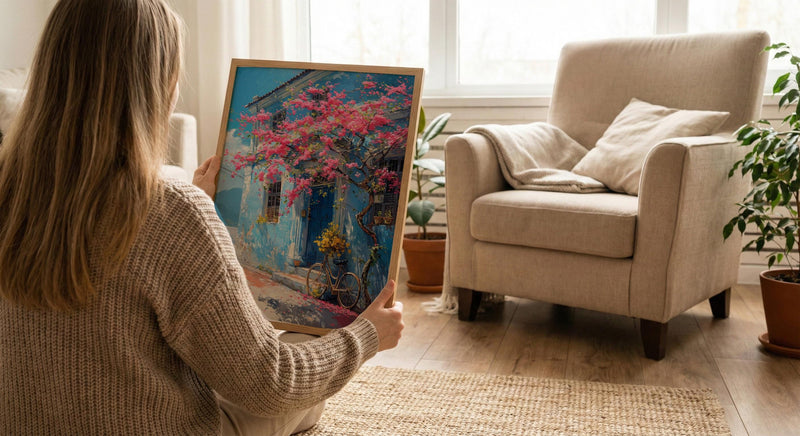 Penang Trishaw Art Print, Pink Bougainvillea Spring Decor - Living Room Decor