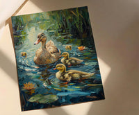 Duck Family Art Print, Nostalgic Animal Decor - Thick Oil Painting Style