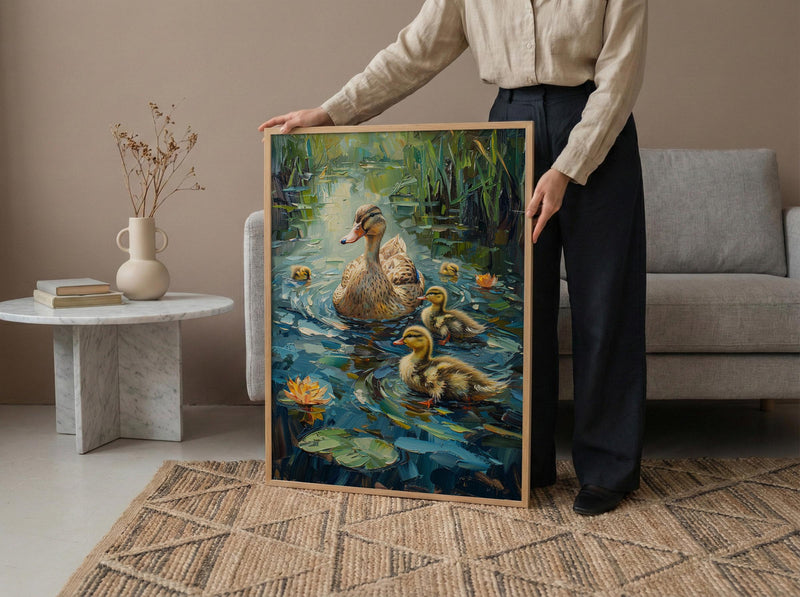 Duck Family Art Print, Nostalgic Animal Decor - Thick Oil Painting Style