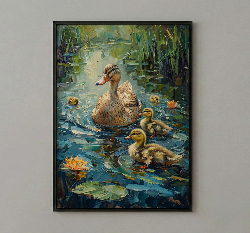Duck Family Art Print, Nostalgic Animal Decor - Thick Oil Painting Style