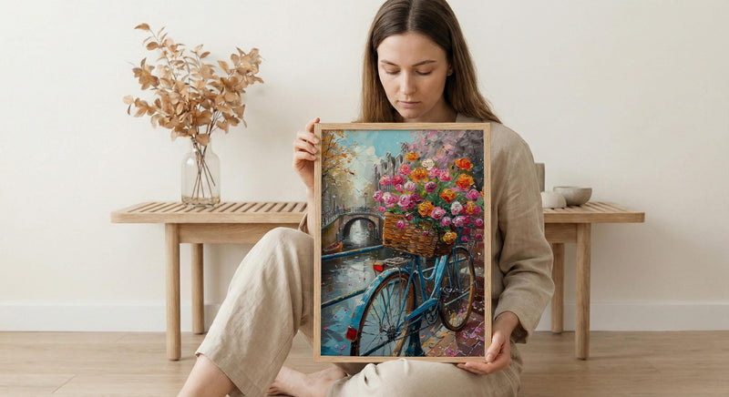Amsterdam Tulip Bicycle Art Print, Pink Spring Canal Decor - Housewarming Gift