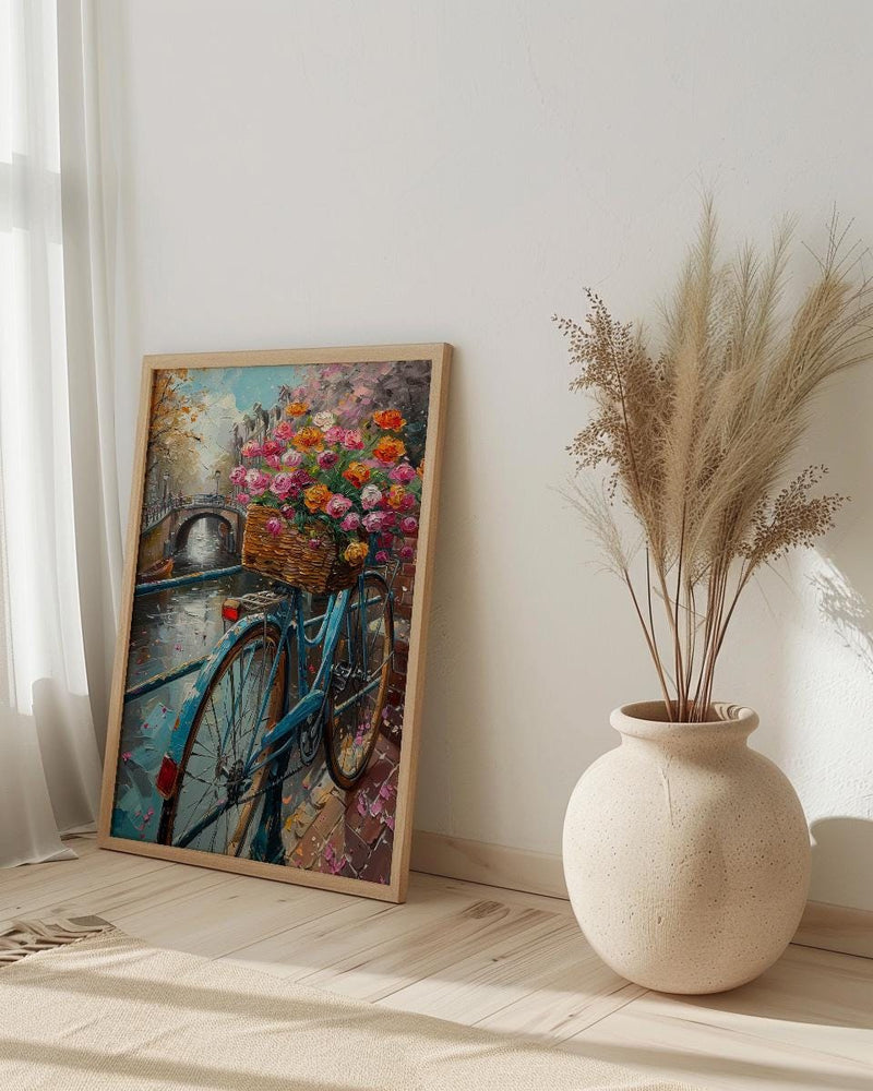 Amsterdam Tulip Bicycle Art Print, Pink Spring Canal Decor - Housewarming Gift