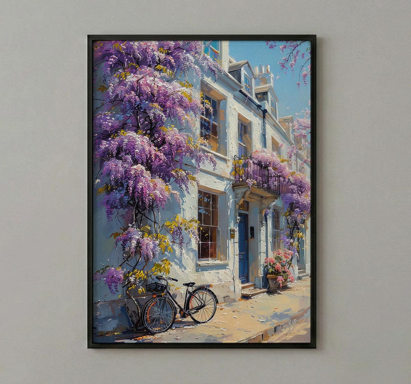 London Wisteria Street Art Print, Chelsea Spring Floral Decor - Thick Oil Painting Style