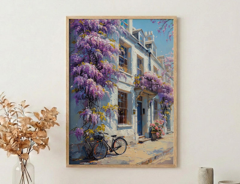 London Wisteria Street Art Print, Chelsea Spring Floral Decor - Thick Oil Painting Style