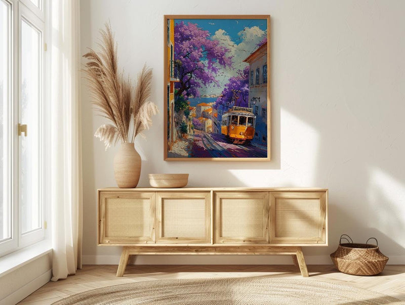 Lisbon Jacaranda Tram Poster, Purple Spring Street Decor - Palette Knife Painting Style