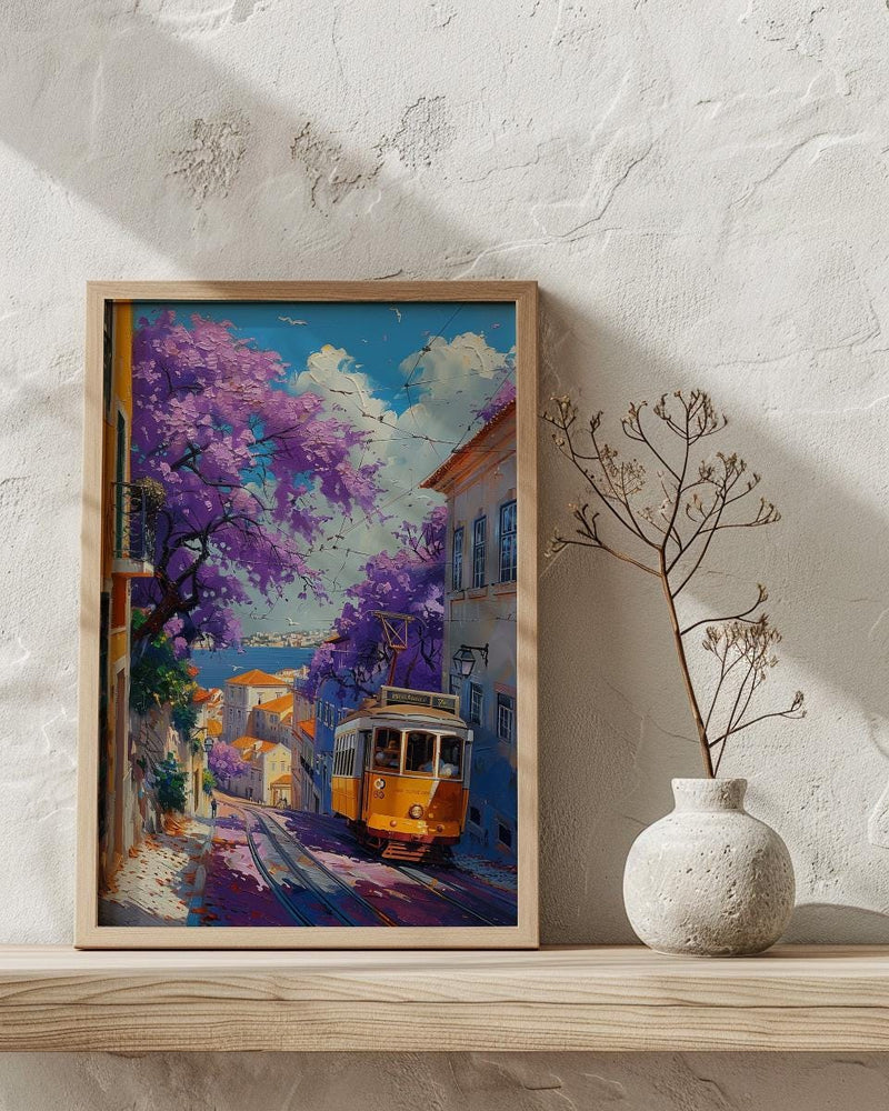 Lisbon Jacaranda Tram Poster, Purple Spring Street Decor - Palette Knife Painting Style