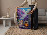 Lisbon Jacaranda Tram Poster, Purple Spring Street Decor - Palette Knife Painting Style