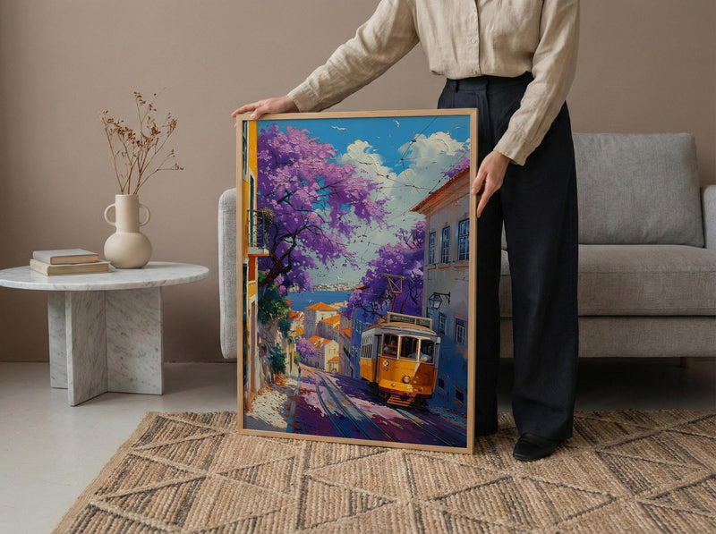 Lisbon Jacaranda Tram Poster, Purple Spring Street Decor - Palette Knife Painting Style