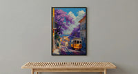 Lisbon Jacaranda Tram Poster, Purple Spring Street Decor - Palette Knife Painting Style