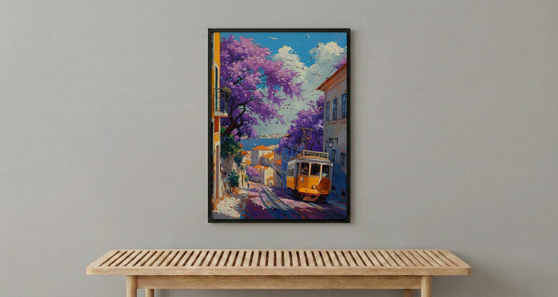 Lisbon Jacaranda Tram Poster, Purple Spring Street Decor - Palette Knife Painting Style