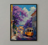 Lisbon Jacaranda Tram Poster, Purple Spring Street Decor - Palette Knife Painting Style