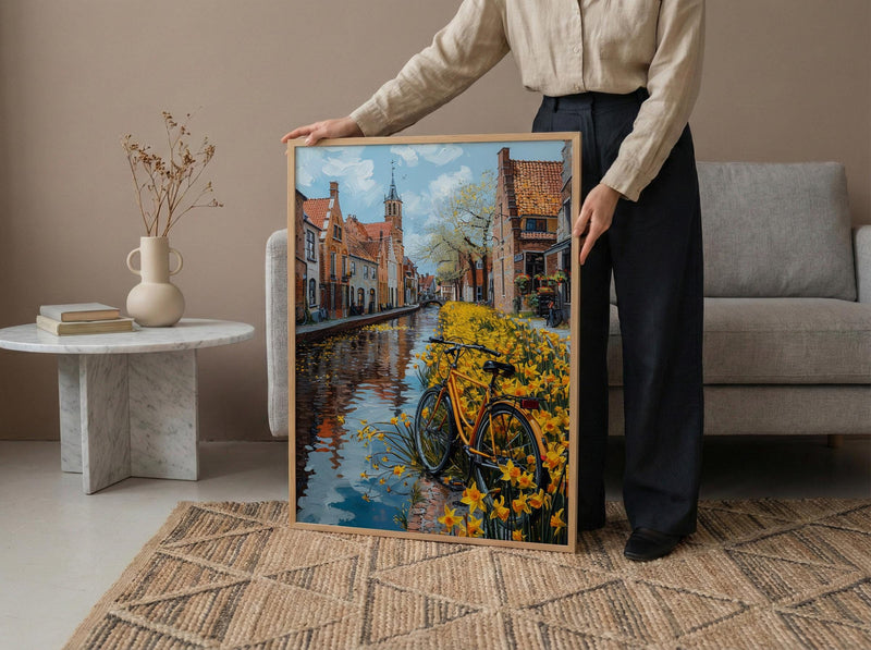 Bruges Daffodil Canal Art Print, Medieval Spring Village - Housewarming Gift