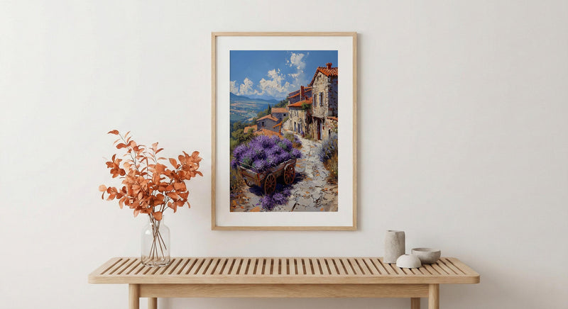Provence Lavender Wall Art, Rustic Wood Cart Spring Poster - Textured Impasto Oil Painting