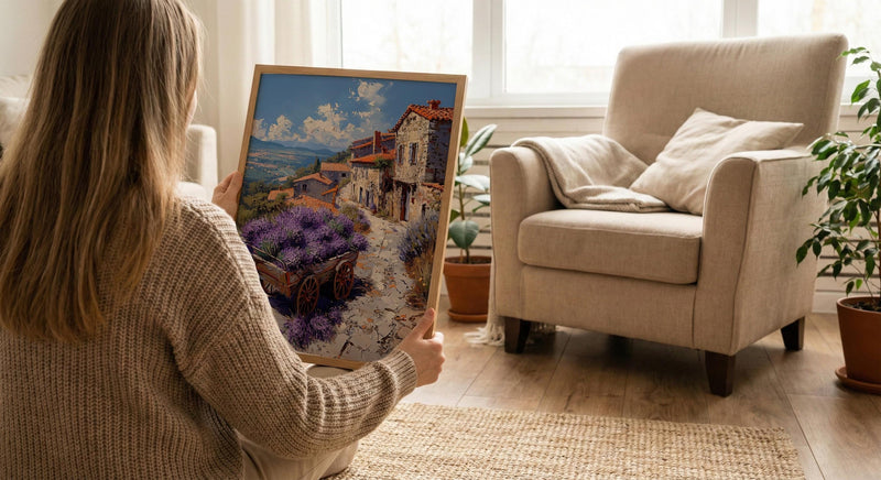 Provence Lavender Wall Art, Rustic Wood Cart Spring Poster - Textured Impasto Oil Painting