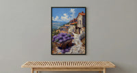 Provence Lavender Wall Art, Rustic Wood Cart Spring Poster - Textured Impasto Oil Painting