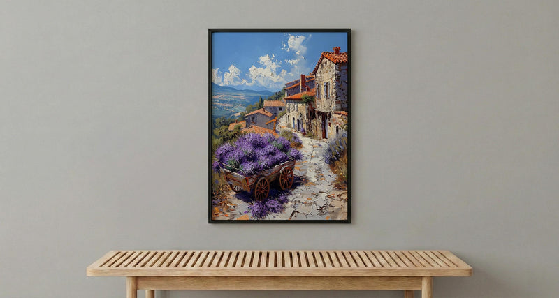 Provence Lavender Wall Art, Rustic Wood Cart Spring Poster - Textured Impasto Oil Painting