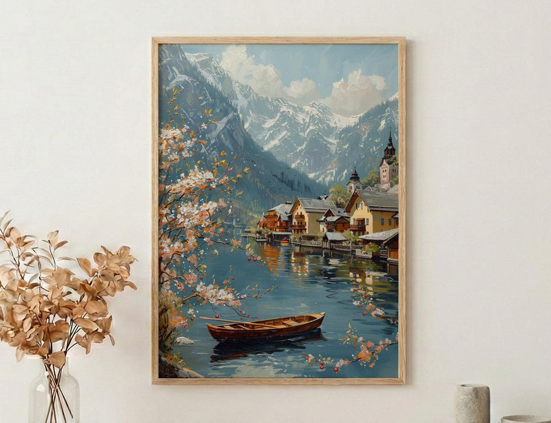 Hallstatt Alpine Village Art Print, Spring Lake Decor - Housewarming Gift