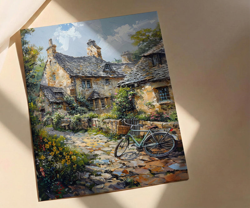 Cotswolds Stone Cottage Wall Art, Yellow Daffodil Print - Living Room Decor