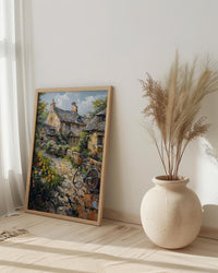 Cotswolds Stone Cottage Wall Art, Yellow Daffodil Print - Living Room Decor