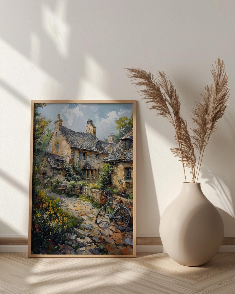 Cotswolds Stone Cottage Wall Art, Yellow Daffodil Print - Living Room Decor