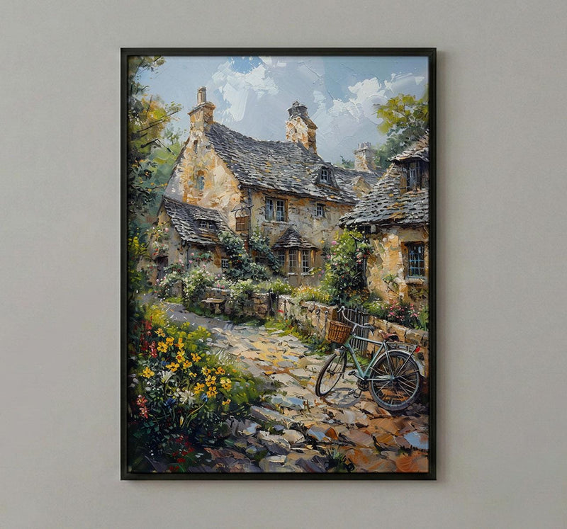 Cotswolds Stone Cottage Wall Art, Yellow Daffodil Print - Living Room Decor
