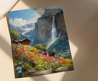 Lauterbrunnen Valley Wall Decor, Alpine Waterfall Print - Textured Impasto Oil Painting