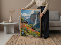 Lauterbrunnen Valley Wall Decor, Alpine Waterfall Print - Textured Impasto Oil Painting