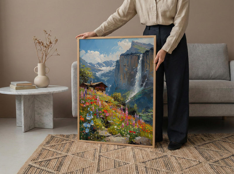 Lauterbrunnen Valley Wall Decor, Alpine Waterfall Print - Textured Impasto Oil Painting