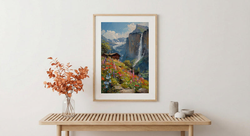 Lauterbrunnen Valley Wall Decor, Alpine Waterfall Print - Textured Impasto Oil Painting