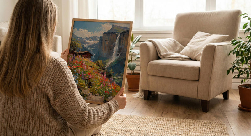 Lauterbrunnen Valley Wall Decor, Alpine Waterfall Print - Textured Impasto Oil Painting