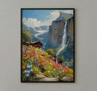 Lauterbrunnen Valley Wall Decor, Alpine Waterfall Print - Textured Impasto Oil Painting