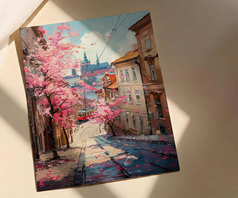 Prague Magnolia Street Art Print, Vintage Tram Decor - Housewarming Gift