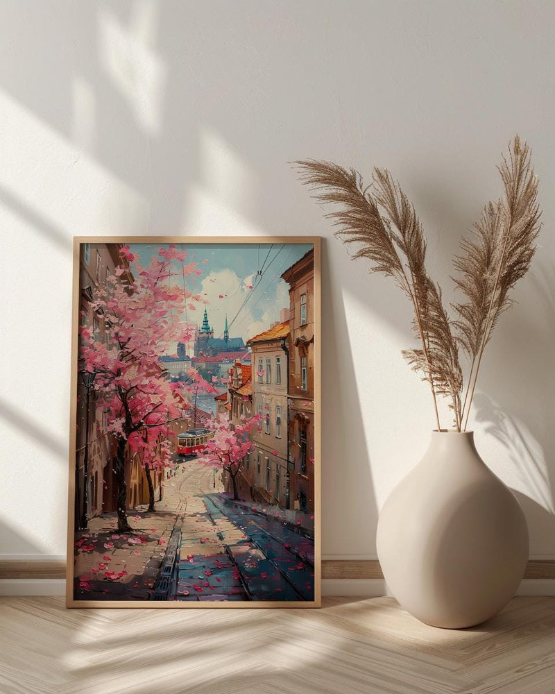 Prague Magnolia Street Art Print, Vintage Tram Decor - Housewarming Gift