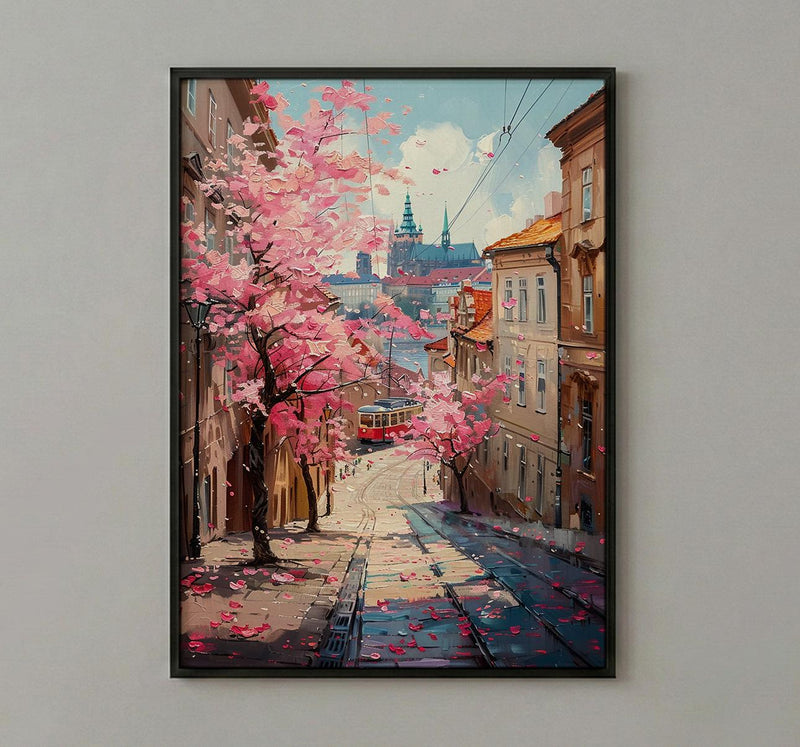 Prague Magnolia Street Art Print, Vintage Tram Decor - Housewarming Gift