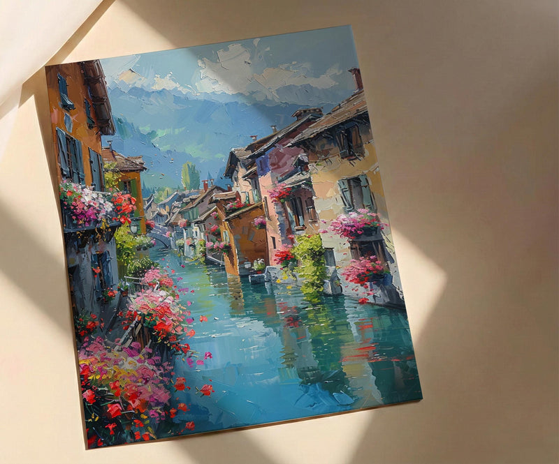 Annecy Canal Spring Poster, Pink Geranium Wall Art - Living Room Decor