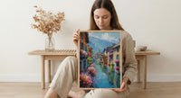 Annecy Canal Spring Poster, Pink Geranium Wall Art - Living Room Decor