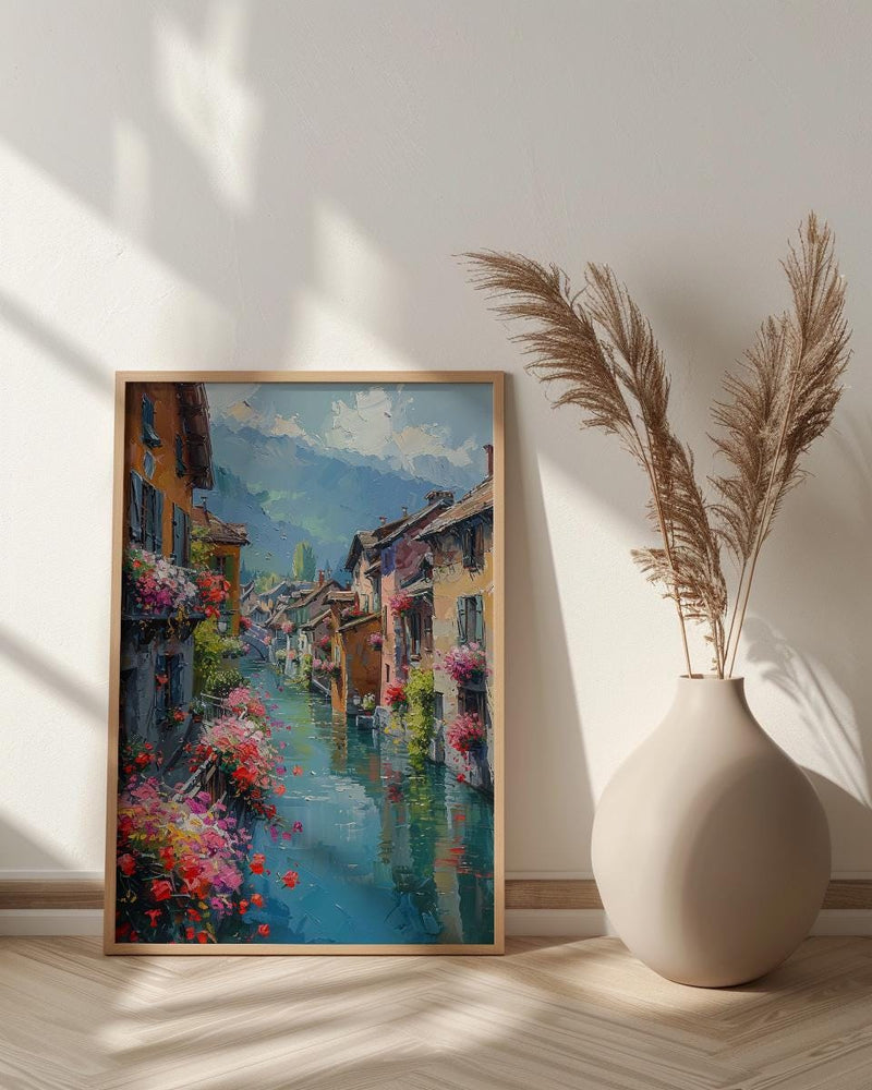 Annecy Canal Spring Poster, Pink Geranium Wall Art - Living Room Decor