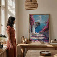 Dubrovnik Staircase Wall Decor, Pink Bougainvillea Print - Thick Oil Painting Style
