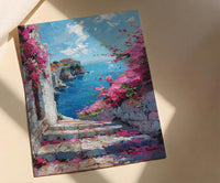 Dubrovnik Staircase Wall Decor, Pink Bougainvillea Print - Thick Oil Painting Style