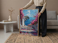 Dubrovnik Staircase Wall Decor, Pink Bougainvillea Print - Thick Oil Painting Style