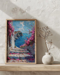 Dubrovnik Staircase Wall Decor, Pink Bougainvillea Print - Thick Oil Painting Style