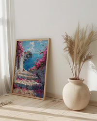 Dubrovnik Staircase Wall Decor, Pink Bougainvillea Print - Thick Oil Painting Style