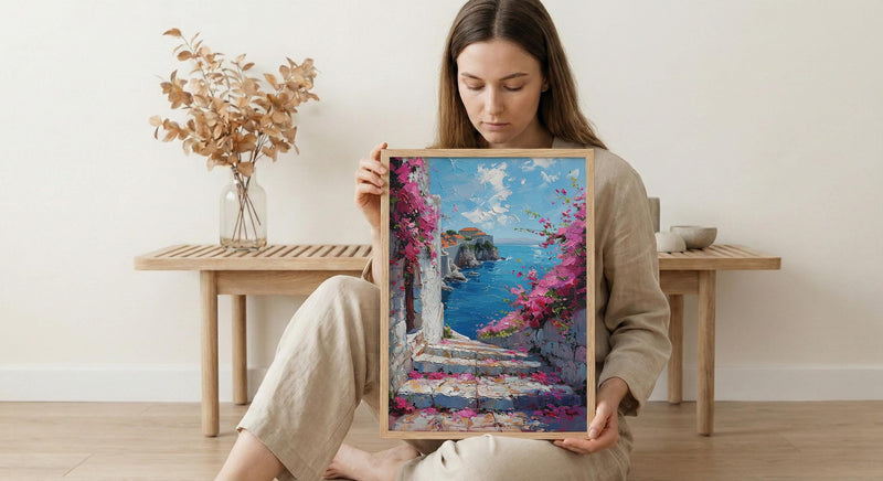 Dubrovnik Staircase Wall Decor, Pink Bougainvillea Print - Thick Oil Painting Style