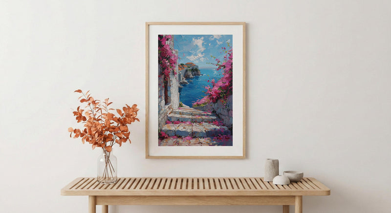 Dubrovnik Staircase Wall Decor, Pink Bougainvillea Print - Thick Oil Painting Style