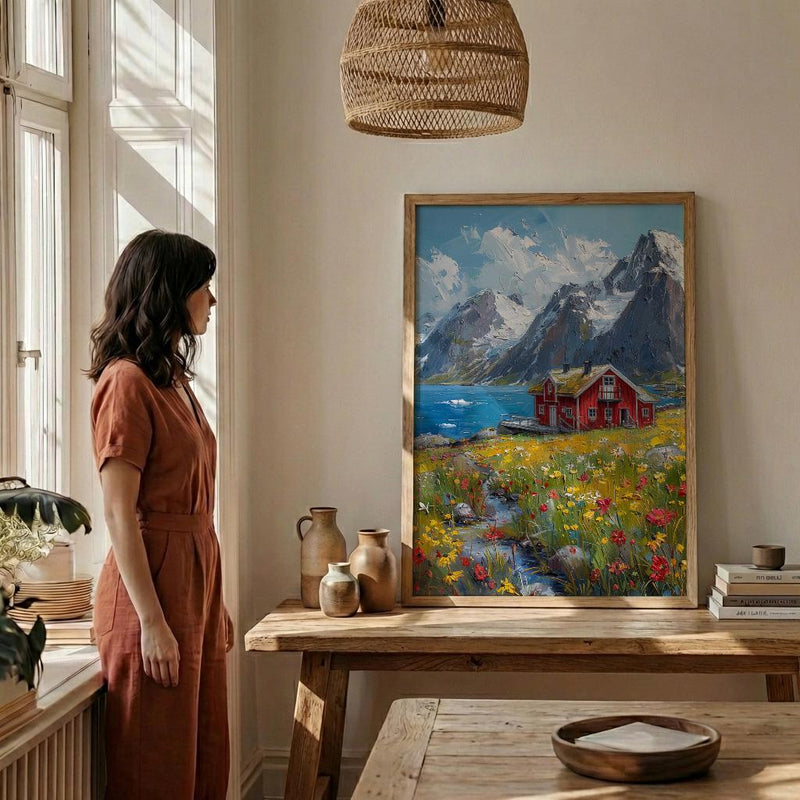 Lofoten Fjord Cabin Art Print, Norway Spring Landscape - Housewarming Gift