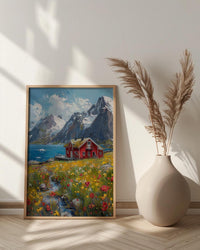 Lofoten Fjord Cabin Art Print, Norway Spring Landscape - Housewarming Gift